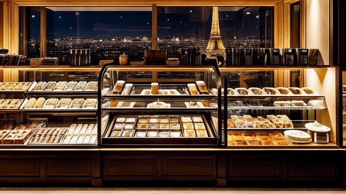 a cozy night time at a Parisian coffe shop interior with cozy lighting and sweets in the shelves. There are tables and coffee cups in the tables. There is a big window in the middle of the coffees hop and the outside view is this eiffel tower