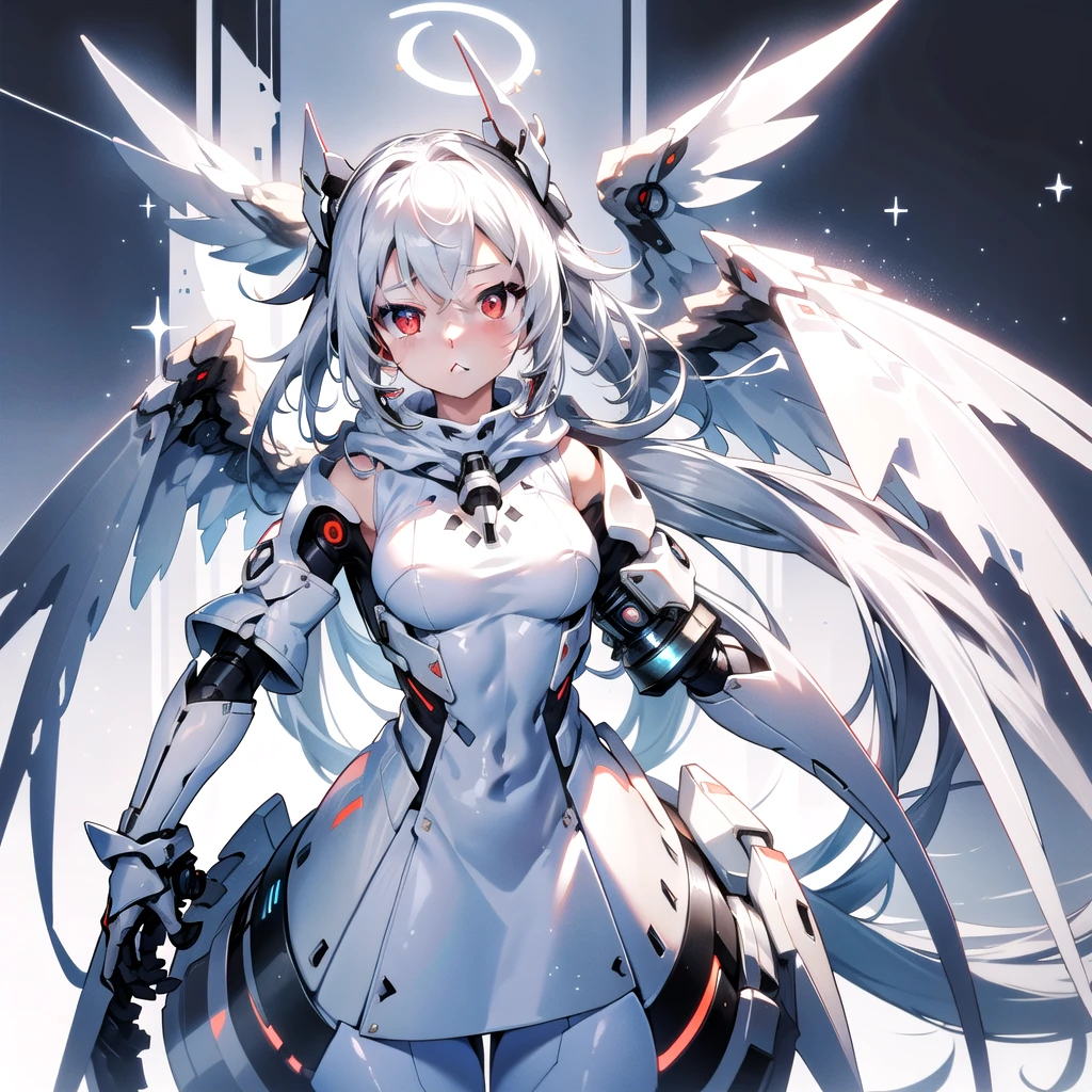 masterpiece, highest quality, highest resolution, clear_image, detailed details, White hair, long hair, cat ears, 1 girl, red eyes, white pantyhose, white sci-fi dress, white scarf (white scarf around the neckwith a light blue glow), gray futuristic halo (gray halo over the head), white wings (4 wings), cute, full body, no water marks, outer space