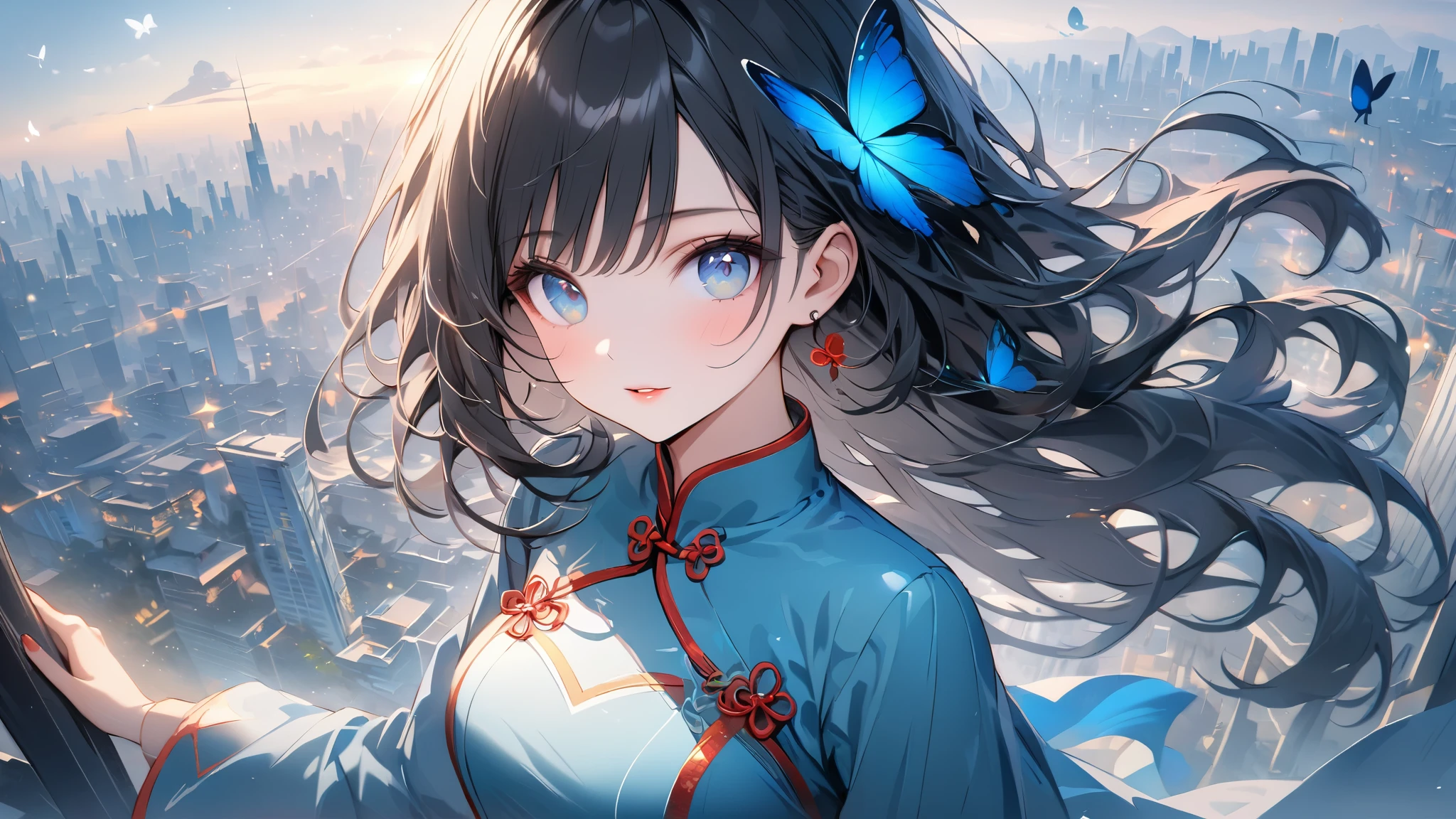 beautiful detailed eyes, beautiful detailed lips, extremely detailed eyes and face, longeyelashes, 1girl, ao dai, Nón Lá, pale sky blue color, cute, black hair, long hair, butterflies flying around, vietnam cityscape background, wallpaper, best quality, 4k, 8k, highres, masterpiece:1.2, ultra-detailed,  HDR, UHD, studio lighting, ultra-fine painting, sharp focus, physically-based rendering, extreme detail description, professional, vivid colors, bokeh