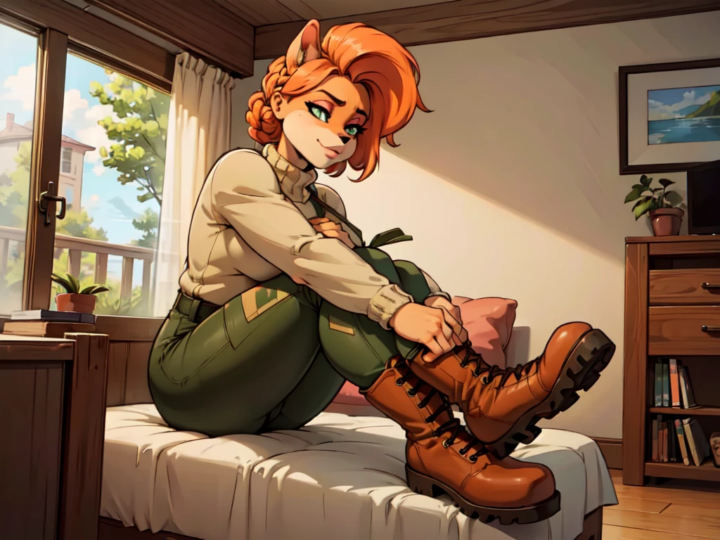 anthro bandicoot girl redhead, braided hair, beautiful green eyes, relaxing moment, sexy ,seductive, warm sweater, camouflage pants, army boots, , cozy lighting, vibrant colors , girl anthro , sweater, camouflage pants, army boots, hands to boots tying your shoelaces