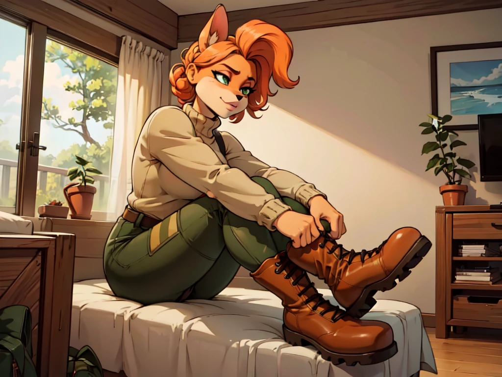 anthro bandicoot girl redhead, braided hair, beautiful green eyes, relaxing moment, sexy ,seductive, warm sweater, camouflage pants, army boots, , cozy lighting, vibrant colors , girl anthro , sweater, camouflage pants, army boots, hands to boots tying your shoelaces