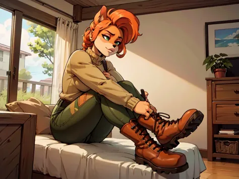 anthro bandicoot girl redhead, braided hair, beautiful green eyes, relaxing moment, sexy ,seductive, warm sweater, camouflage pa...