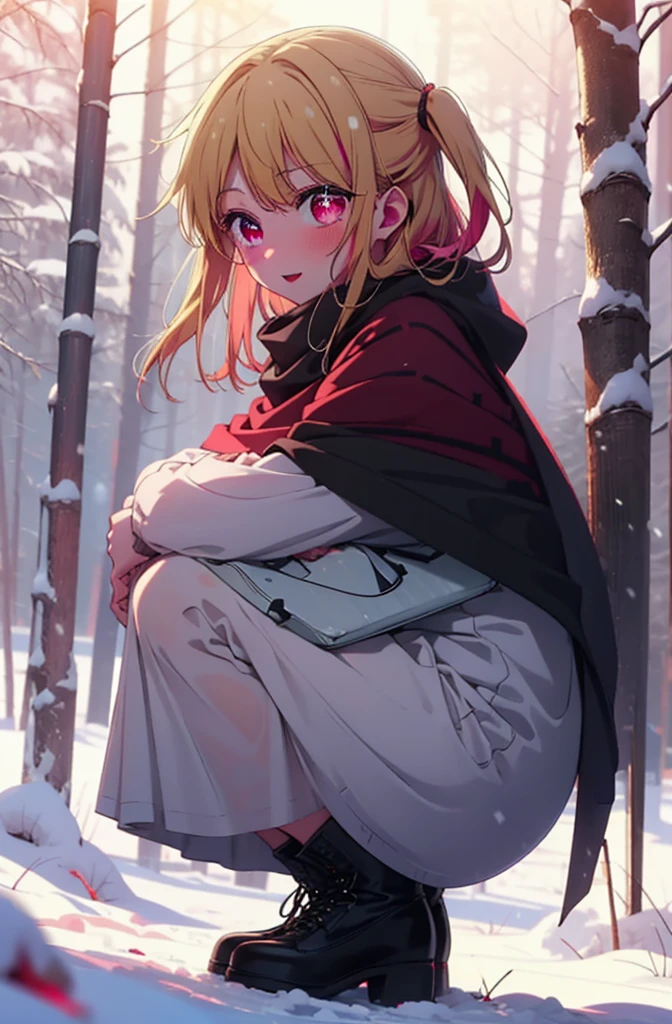 rubyhoshino, Hoshino Ruby, Long Hair, bangs, Blonde, (Pink Eyes:1.3), (Symbol-shaped pupil:1.5), Multicolored Hair, Two-tone hair, smile,blush,White Breath,
Open your mouth,snow,Ground bonfire, Outdoor, boots, snowing, From the side, wood, suitcase, Cape, Blurred, , forest, White handbag, nature,  Squat, Mouth closed, Cape, winter, Written boundary depth, Black shoes, red Cape break looking at viewer, Upper Body, whole body, break Outdoor, forest, nature, break (masterpiece:1.2), Highest quality, High resolution, unity 8k wallpaper, (shape:0.8), (Beautiful and beautiful eyes:1.6), Highly detailed face, Perfect lighting, Highly detailed CG, (Perfect hands, Perfect Anatomy),