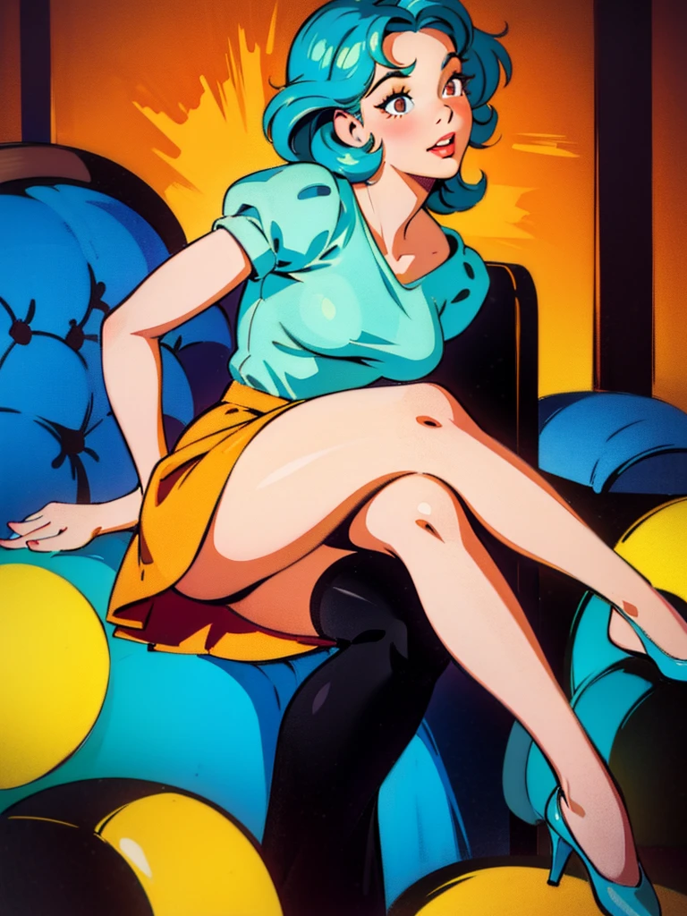 20 years old girl sitting on the chair, vintage, retro pin up style,sexy, , surprised, mini tight skirt, flowing skirt, colorful , orange and teal color scheme, masterpieces art work, illustrated,