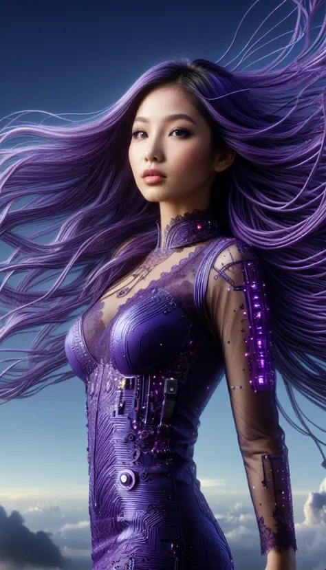 Un portrait hyperréaliste d’une sublime femme asiatique heureuse et rayonnante , femme aux cheveux couleur violet sombre foncé t...