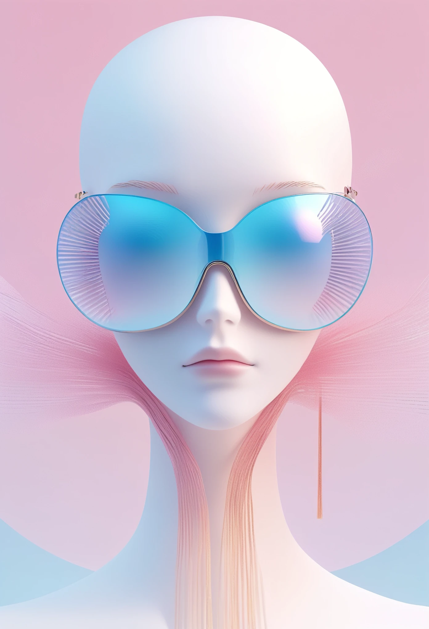 3D illustration of upper body and face of artificial intelligence model wearing futuristic glasses, Stylish glasses with tassels，Gradient background, Pastel color palette, pink blue, Simplicity, cold metallic textures, Surrealism,