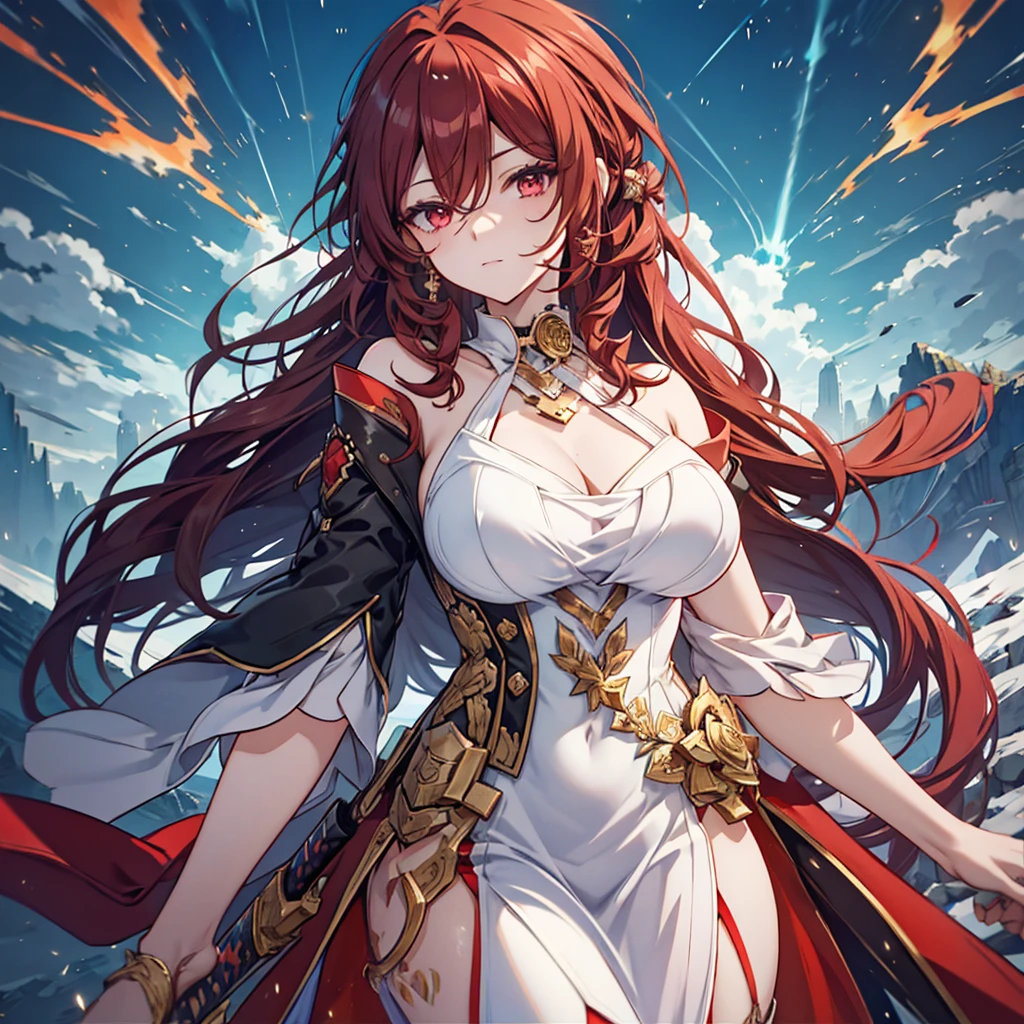 Anime style painting, Aurora, Snow Country, Holding a sword, An illustration, Calm expression, Perfect hands, elder, Redhead, Dignity at 50, ほろ酔いのwoman, alone、masterpiece、Highest quality、(Babes)、Fractal Art、Red eyes、Narrow eyes、Black and red dress, Reddish lips、From the shoulders up、Serious face、一人のwoman、Red Long Ponytail, Curly Hair, Red eyes,Golden accessories, alone, Big Breasts, woman, Take-out, Provocative laughter,40 year old woman,Queen of Sadism, Perfect Human Medicine,Acheron, Estilo Genshin Impact, Combat pose, Very detailed, High resolution, whole body, Sword Rain Red, Black Hole Red