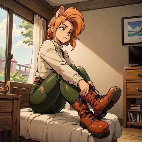 anthro bandicoot girl redhead, braided hair, beautiful green eyes, relaxing moment, sexy ,seductive, warm sweater, camouflage pa...