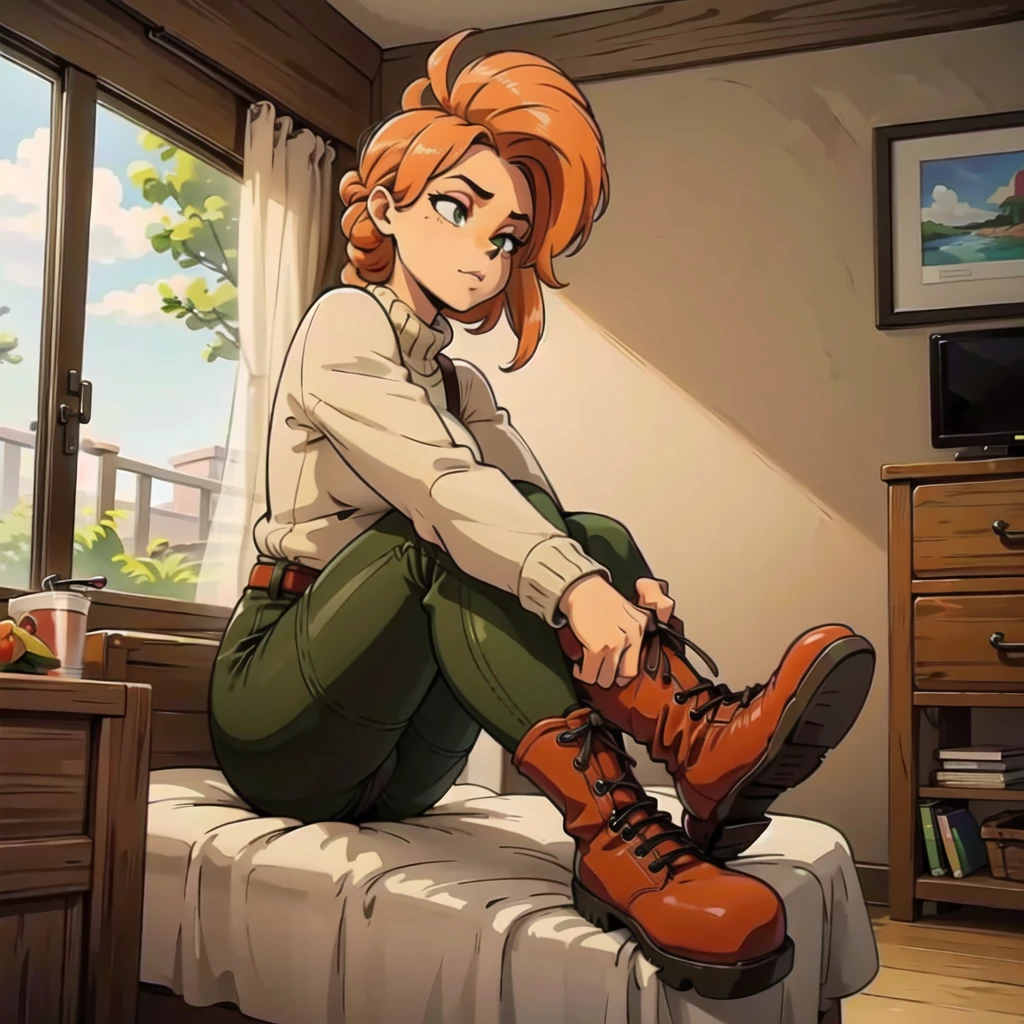 anthro bandicoot girl redhead, braided hair, beautiful green eyes, relaxing moment, sexy ,seductive, warm sweater, camouflage pants, army boots, , cozy lighting, vibrant colors , girl anthro , sweater, camouflage pants, army boots, hands to boots tying your shoelaces