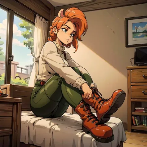 anthro bandicoot girl redhead, braided hair, beautiful green eyes, relaxing moment, sexy ,seductive, warm sweater, camouflage pa...