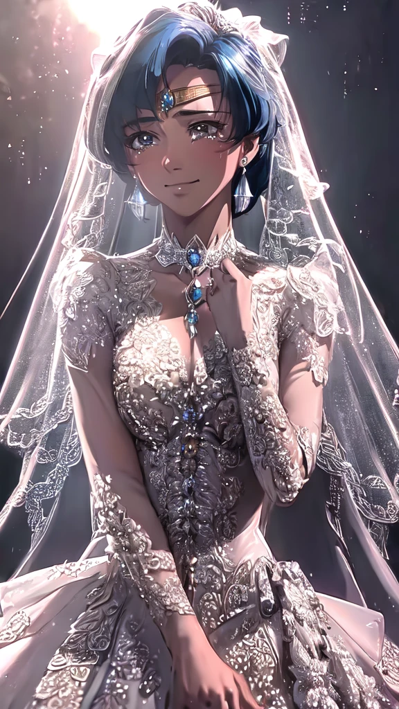 (solo, 1girl), (absurdres, highres, official wallpaper, poster), (masterpiece, best quality:1.2), (illustration, realistic), (perfect details, highest detailed, extreme detailed), dramatic light, AmiMizuno, (sailor mercury, blue hair, short hair, circlet, jewelry, crescent earrings), (city, starry sky), (seductive smile, blush, standing), masterpiece, highest quality, 8K, 超High resolution, highest quality, anime style, best writing, beautiful face, smile, 1 girl, Crying with joy, blush, highest quality, High resolution, intricate details, highest quality, chromatic aberration, Do not tie hair, 1 girl, alone, (Wedding dress:1.3), (wedding veil:1.3), bouquet, long hair, thighs, long hair, (Upper body:1.3), wedding hall, cry tears, tears flow, ruanyi0263,bridal veil,wedding dress,veil,white dress,bride,lace,