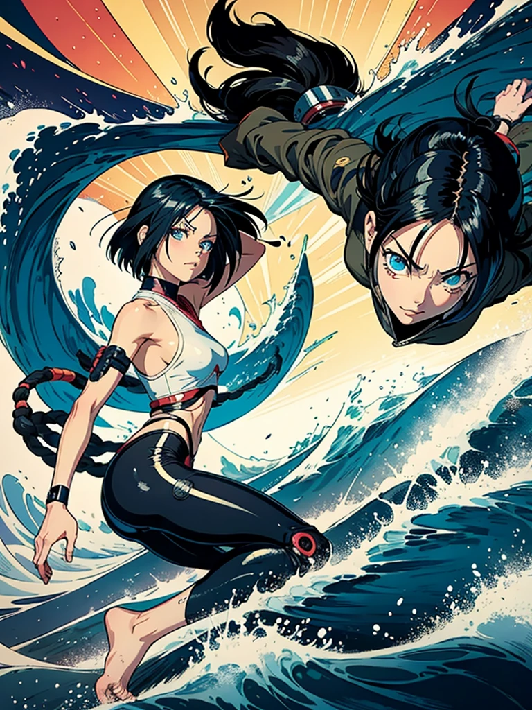 Cyborg-Kampfengel Alita in der großen Welle im Stil von Katsushika Hokusai