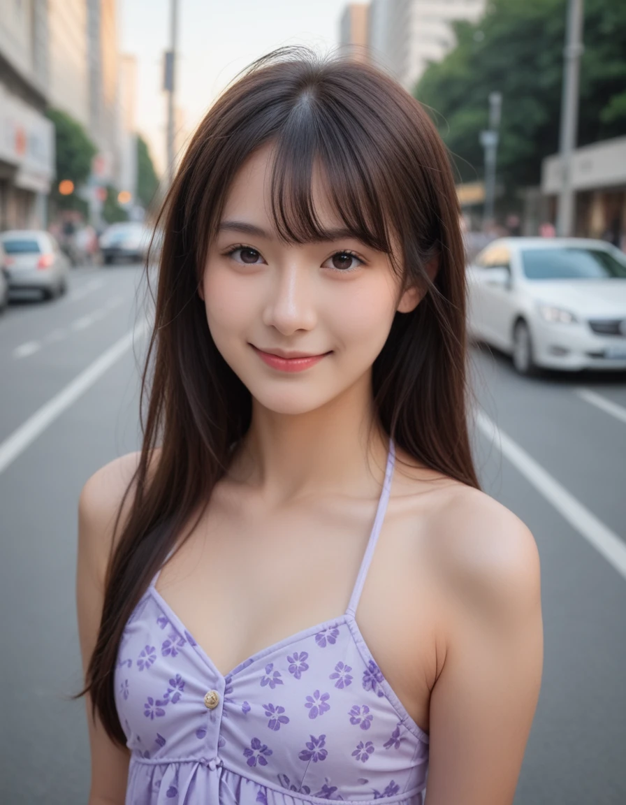 score_9, score_8_up, score_7_up, photograph, Cute Japanese woman in her 20s in swimsuits with Lavender pattern, bashful smile, Commemorative photo at the Tokyo Street, photo realistic,