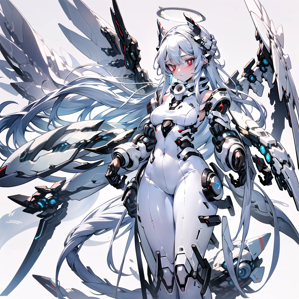 masterpiece, highest quality, highest resolution, clear_image, detailed details, White hair, long hair, cat ears, 1 girl, red eyes, white pantyhose, sci-fi dress, white scarf (white scarf around the neck with a light blue glow), gray futuristic halo (gray halo over the head), white wings (4 wings), cute, fulld body, no water marks, outer space