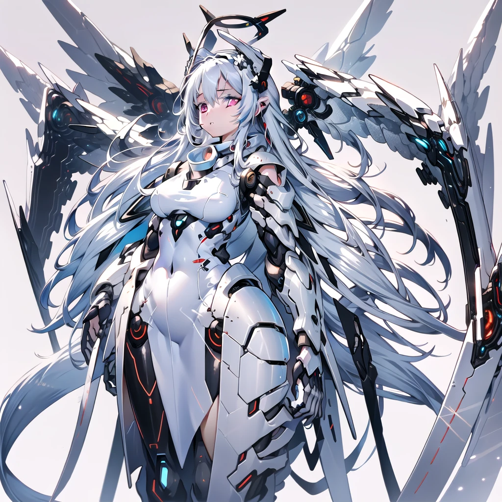 masterpiece, highest quality, highest resolution, clear_image, detailed details, White hair, long hair, cat ears, 1 girl, red eyes, white pantyhose, sci-fi dress, white scarf (white scarf around the neck with a light blue glow), gray futuristic halo (gray halo over the head), white wings (4 wings), cute, fulld body, no water marks, outer space