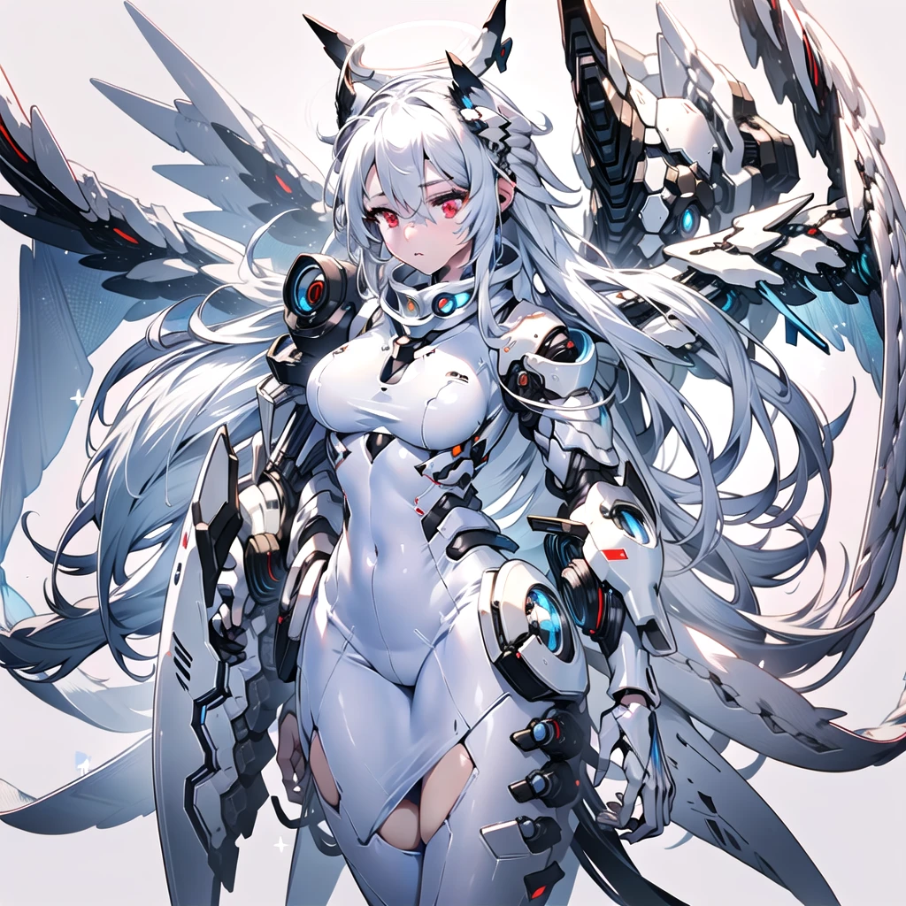 masterpiece, highest quality, highest resolution, clear_image, detailed details, White hair, long hair, cat ears, 1 girl, red eyes, white pantyhose, sci-fi dress, white scarf (white scarf around the neck with a light blue glow), gray futuristic halo (gray halo over the head), white wings (4 wings), cute, full body, no water marks, snow