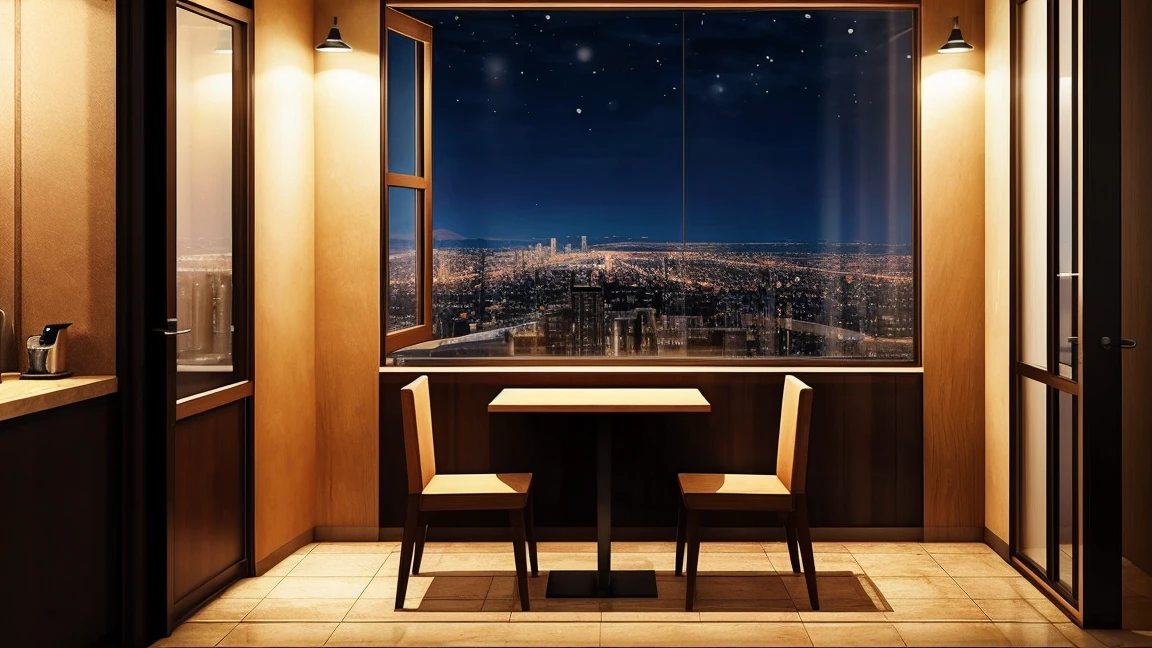  at night a big depth of view picture of a cozy coffee shop interior with two tables and coffee cups on the tables. At the side there is a coffee machine. Theres also a big closed window at the center with the view of the outside city, photorealistic, night 