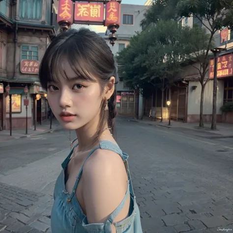 a beautiful girl, detailed eyes and lips, standing alone on the middle of a street in Thailand's Chinatown, 1girl, high contrast...