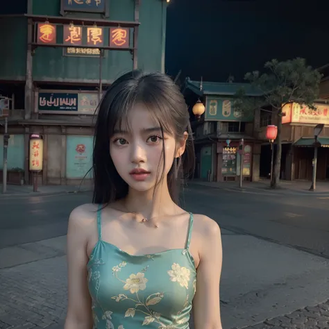 a beautiful girl, detailed eyes and lips, standing alone on the middle of a street in Thailand's Chinatown, 1girl, high contrast...