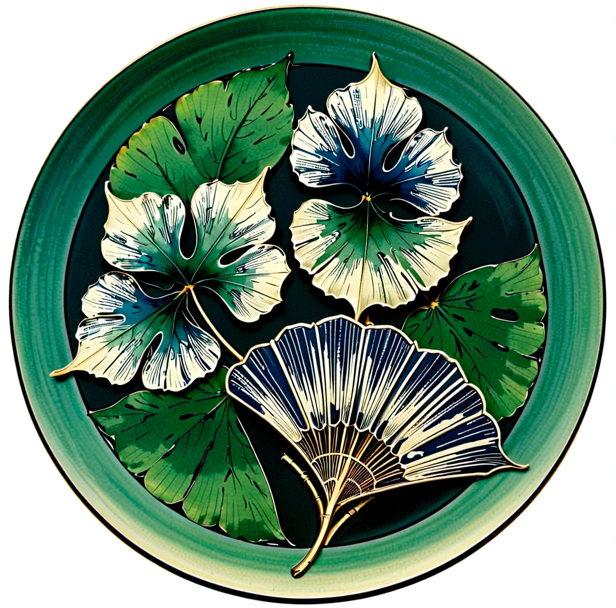 kamon,an indigo-green circle with a leaf pattern in the middle showing 3 gingko leaves growing towards each other with Japanese finger waves reaching into the gaps, inspired by Masamitsu Ōta, inspired by Katsushika Ōi, intricate art deco leaf designs, inspired by Shūbun Tenshō, inspiriert von Ogata Kōrin, inspired by Ogata Gekkō, inspired by ernst häckel