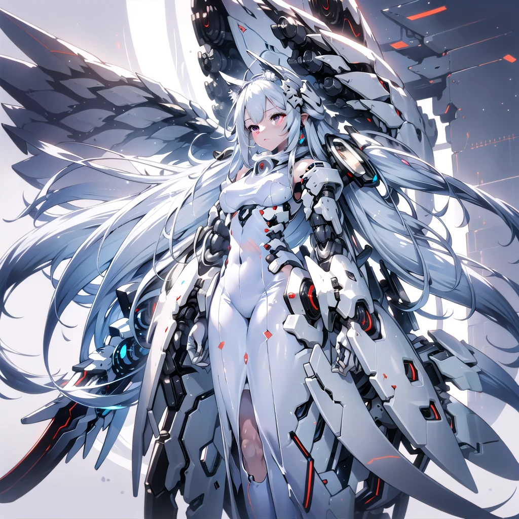 masterpiece, highest quality, highest resolution, clear_image, detailed details, White hair, long hair, cat ears, 1 girl, red eyes, white pantyhose, sci-fi dress, white scarf (white scarf around the neck with a light blue glow), gray futuristic halo (gray halo over the head), white wings (4 wings), cute, full body, no water marks, snow