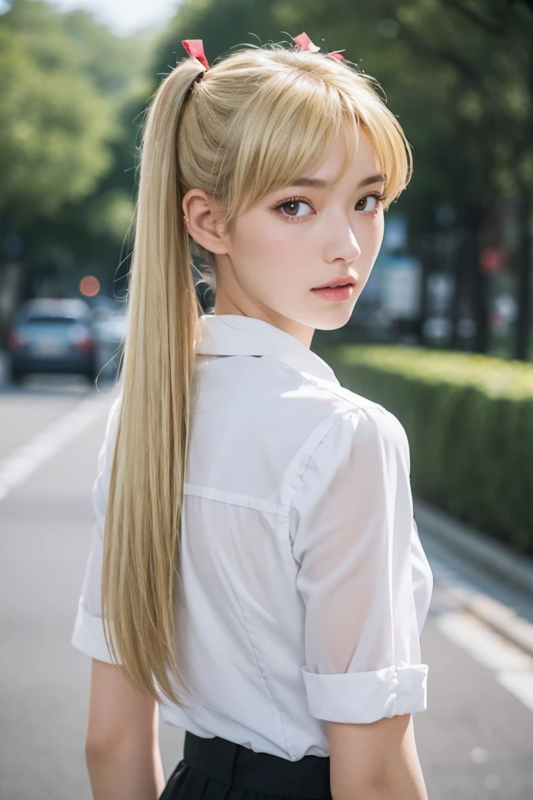 rui satome,(Best quality,4K,8K, yes,A high resolution,Masterpiece:1.2),Ultra-detailed,(Realistic,Photorealistic,photo-realistic:1.37),Illuminated, ,独奏,1 girl,long hair ,blonde hair，portrait,Put your hands behind your back，twintail,sawachika eri, twintails, long hair, blonde hair, medium breasts, brown eyes, hair ribbon