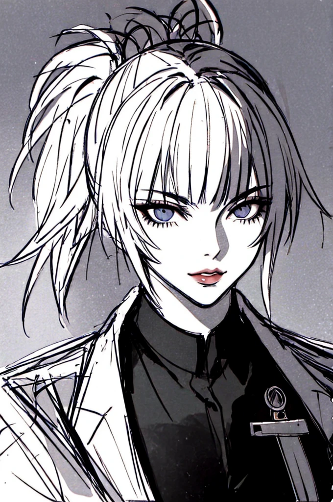 1 girl, villain, big anime cat eyes, bangs, Dull bangs, ponytail hair cut, closed mouth, lips, looking at the viewer, portrait, ponytail hair, sketch, solo, black formal uniform with a turtleneck shirt, portrait， 18 years old 