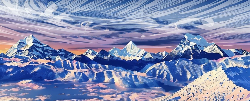 ((high resolution: 1.1))Himalayas，Snowy，The sky is magnificent。Wide panorama，high resolution、High Definition，Cool colors，Flat Wind，Minimalist illustration，Vector。