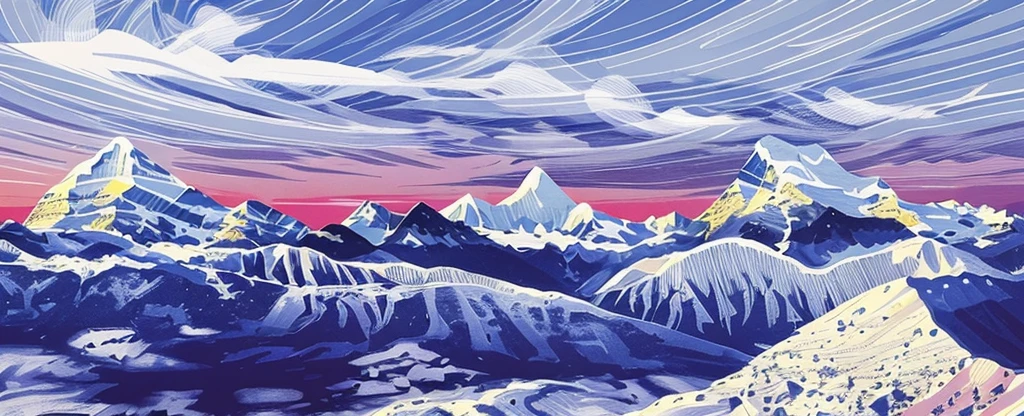 ((high resolution: 1.1))Himalayas，Snowy，The sky is magnificent。Wide panorama，high resolution、High Definition，Cool colors，Flat Wind，Minimalist illustration，Vector。