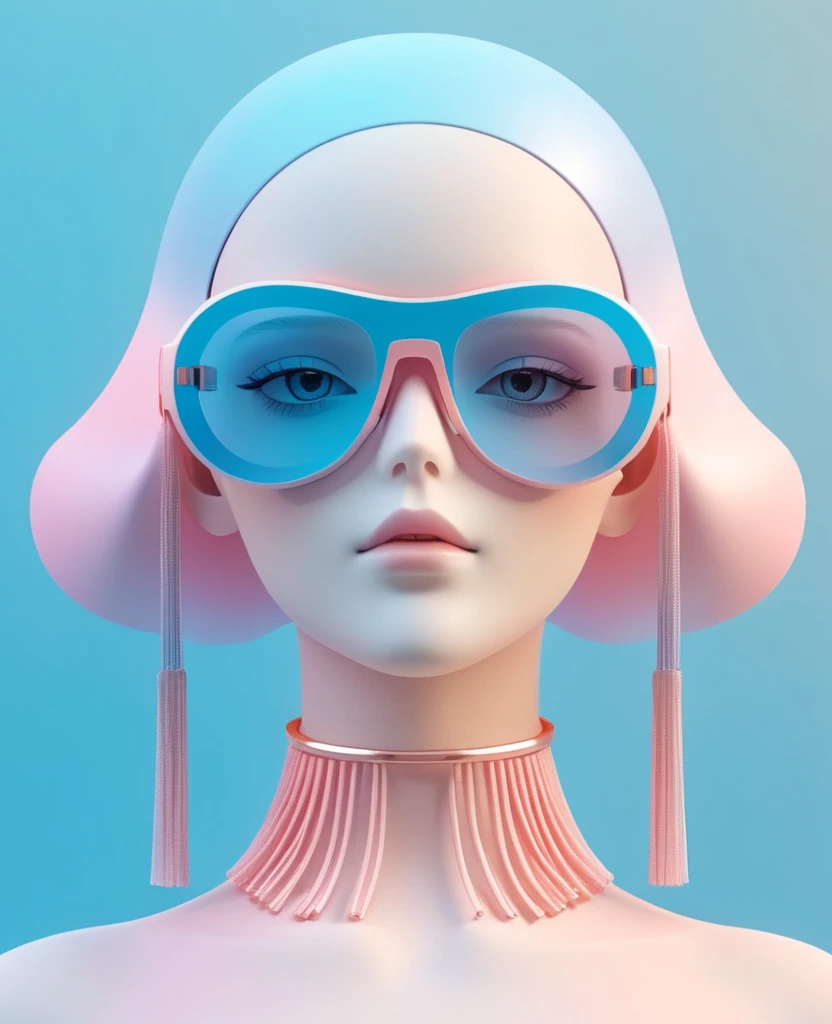 Ilustração 3D da parte superior do corpo e do rosto do modelo de inteligência artificial usando óculos futuristas, Óculos elegantes com borlas，fundo gradiente, paleta de cores pastel, rosa azul, simplicidade, Superfície de plástico fosco, Surrealismo,