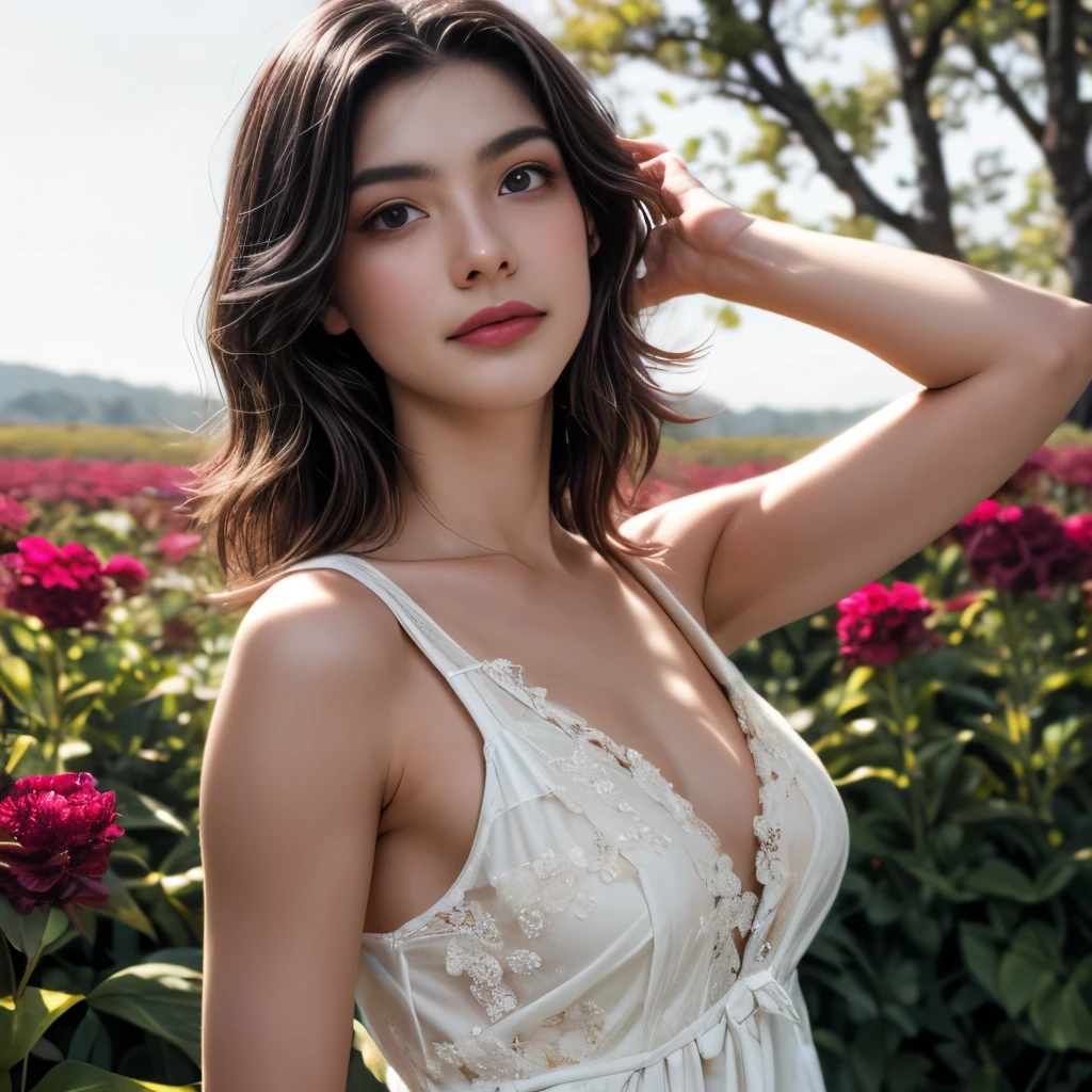 une jeune femme extrêmement belle dans une fine robe blanche debout dans un champ de fleurs, Expression sensuelle, peau visible, mains levées montrant les aisselles, érotique, traits du visage détaillés, Cheveux flottants, lumière du soleil, Photoréaliste, 8k, haute qualité, détails complexes, Éclairage cinématographique, belles couleurs, pose dramatique