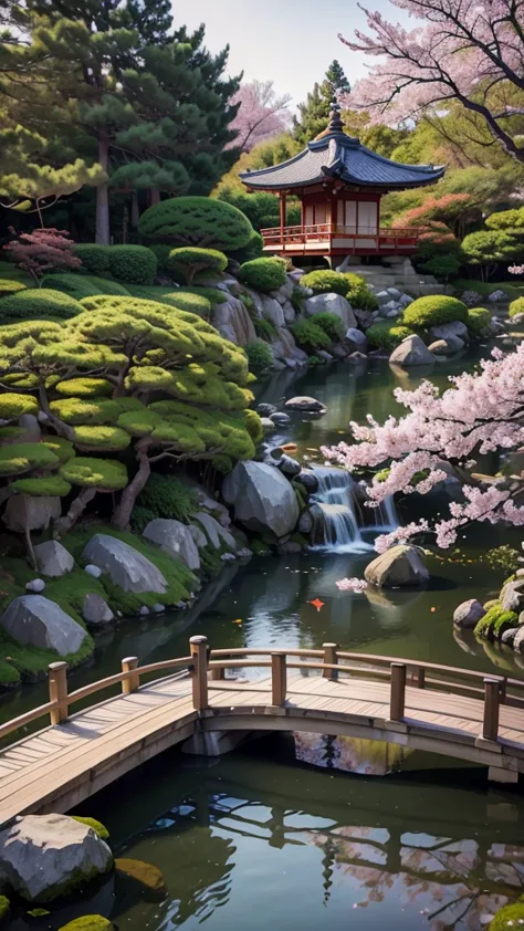 (digital painting),(best quality), serene japanese garden, cherry blossoms in full bloom, koi pond, footbridge, pagoda, ukiyo-e ...