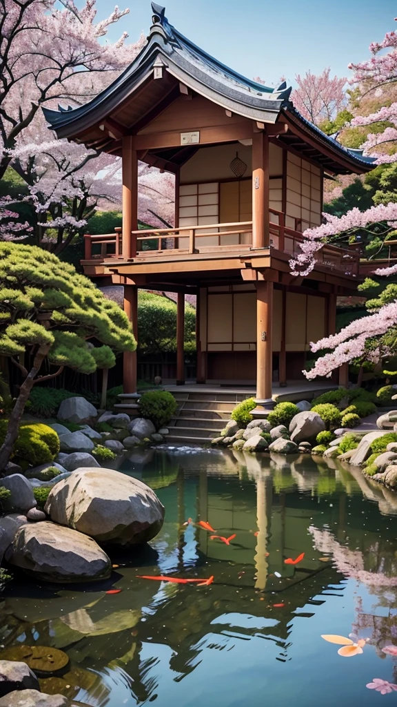 (digital painting),(best quality), serene Japanese garden, cherry blossoms in full bloom, koi pond, footbridge, pagoda, Ukiyo-e art style, Hokusai inspiration, Deviant Art popular, 8k ultra-realistic, pastel color scheme, soft lighting, golden hour, tranquil atmosphere, landscape orientation