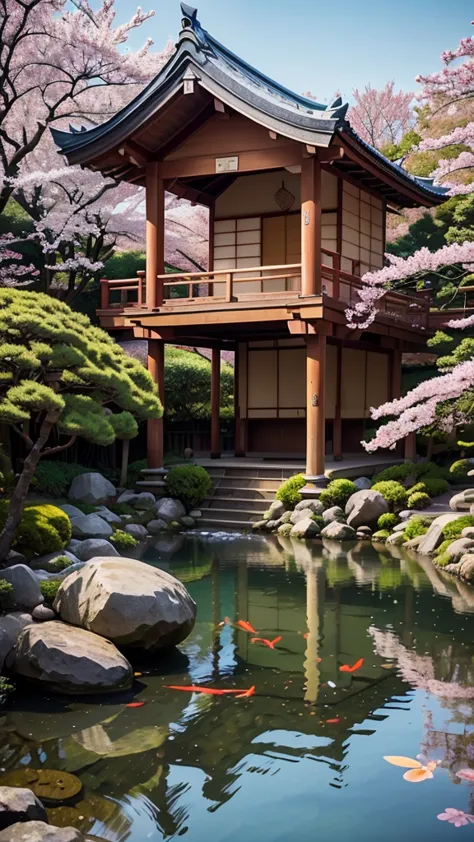 (digital painting),(best quality), serene Japanese garden, cherry blossoms in full bloom, koi pond, footbridge, pagoda, Ukiyo-e ...