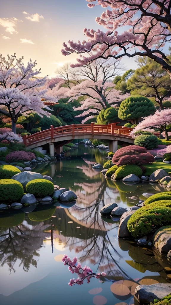 (pintura digital),(melhor qualidade), jardim japonês sereno, flores de cerejeira em plena floração, lagoa de carpas, passarela, pagoda, Ukiyo-e art style, Inspiração Hokusai, Deviant Art popular, 8k ultra-realista, esquema de cores pastel, iluminação suave, Hora dourada, atmosfera tranquila, Orientação paisagem