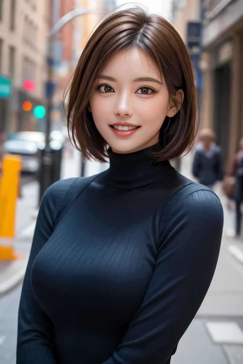 ((masterpiece)), ((Highest quality)), ((Complex)), ((Surreal)), (Realistic), (Mature Woman), ((No classes)), Very detailed, (1 female), Beautiful and detailed, (Beautiful Teeth), Grin, Brunette Bob Hair, Brown eyes, (Blue long turtleneck), (Upper Body), (background: underground), detailed background, Perfect Eyes, Captivating eyes, Looking at the audience, from before