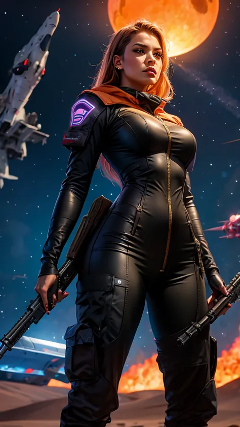 a woman holding a weapon in front of a spaceship, hyperrealistic fantasy art, eternal fatality, female assault soldier, sky plan...