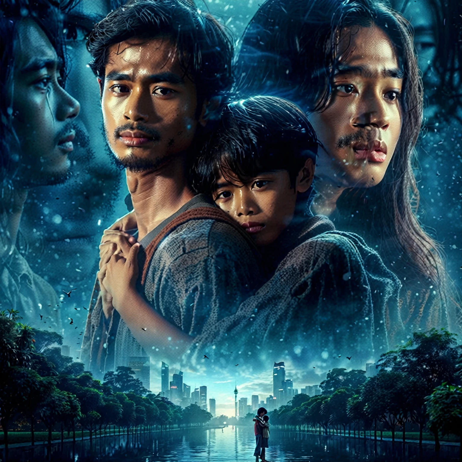 romantic Indonesian film poster, about long distance love, close up shot of a man and a 10 year old boy walking in a park while hugging, in the background there is a woman with long hair crying while looking at the two of them, they are gaze at the camera, focus on faces, stunning depiction of a realism surreal film poster, stunning abstract background with the shadow of a city, dark blue cinematic lighting, photorealistic, realistic human, UHD 1536px, high quality photos.