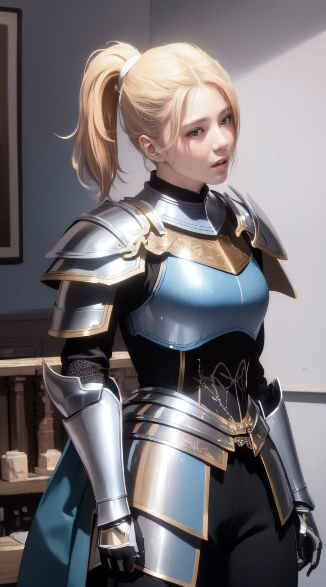 best quality, (masterpiece:1.2), highly detailed, day, city,
1girl, solo, cha hae-in, closed mouth, from front, looking at viewer,
blonde hair, short hair, brown eyes, ponytail, (blue armor:1.4), belt, bodysuit