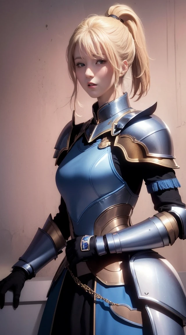 best quality, (masterpiece:1.2), highly detailed, day, city,
1girl, solo, cha hae-in, closed mouth, from front, looking at viewer,
blonde hair, short hair, brown eyes, ponytail, (blue armor:1.4), belt, bodysuit