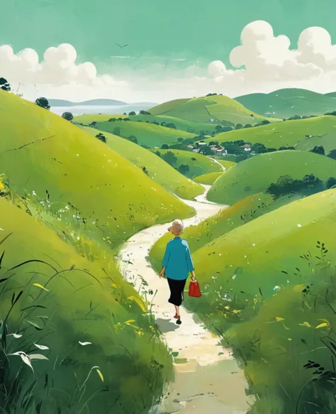 a woman walks along the path between many green hills, in the style of hergé and goro fujita. the ground is covered with grasses...