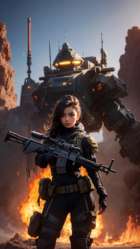 a woman holding a weapon in front of a spaceship, hyperrealistic fantasy art, eternal fatality, female assault soldier, sky plan...