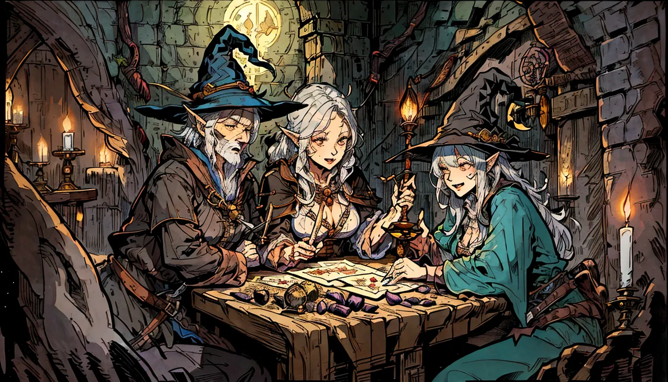 witch and wizard gathering in a tavern with candles and a clock, lawther sit at table playing dnd, high quality dnd illustration...