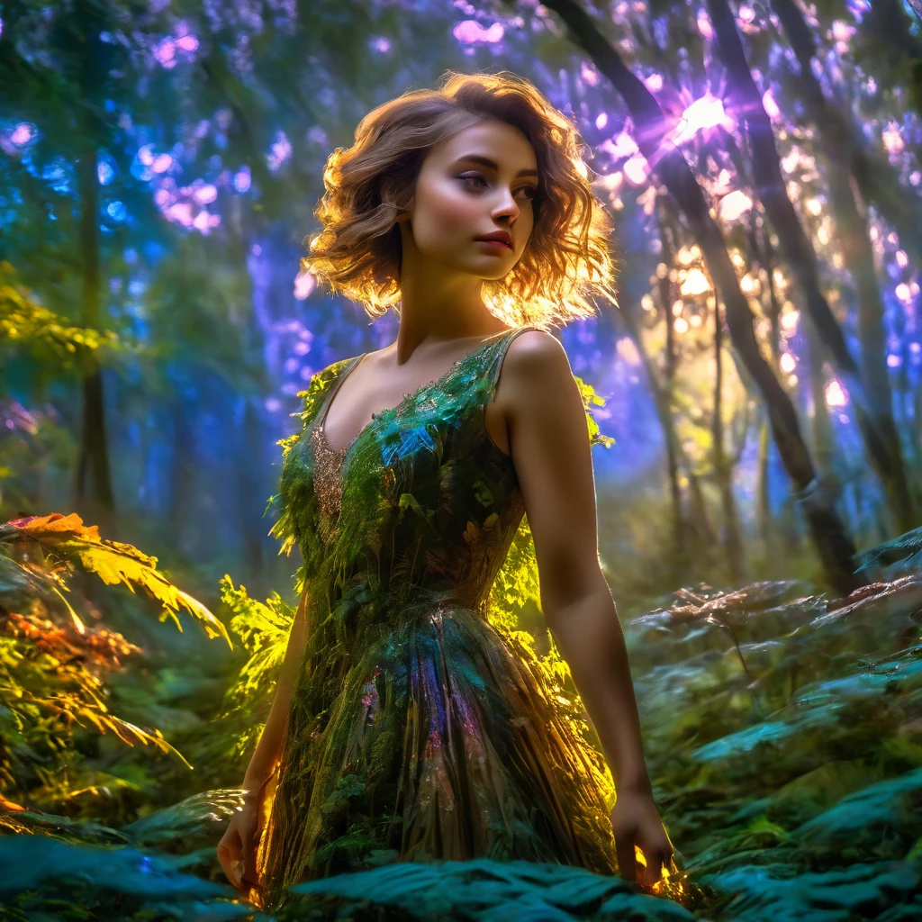 a beautiful forest at dawn, idyllic, magical, majestic, epic lighting, 8K, 1 girl, face detailed, detailedeyes, Detailed lips, long eyelashes, nice dress, serene expression, lush foliage, floral flowers colorful, rays of sunlight, photorrealistic, cinematic, warm colours, dramatic lighting, details Intricate