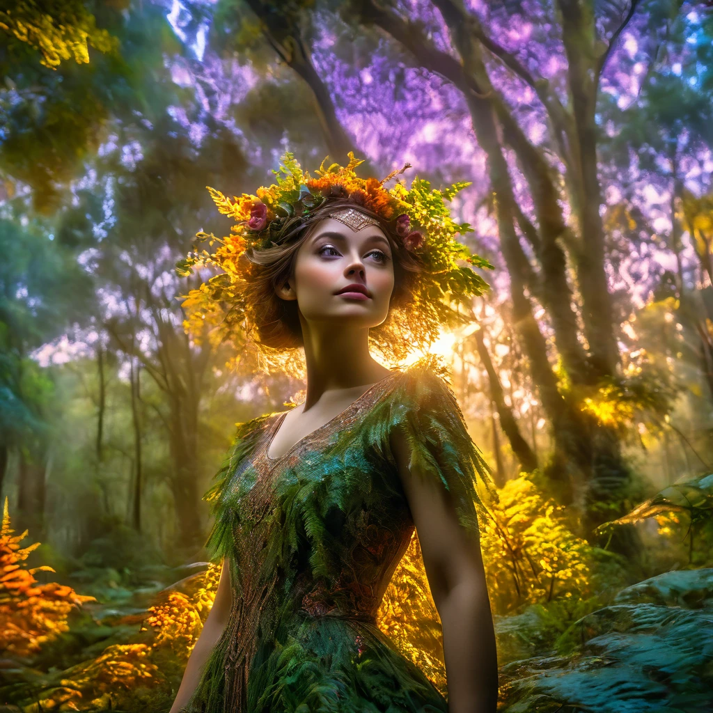 a beautiful forest at dawn, idyllic, magical, majestic, epic lighting, 8K, 1 girl, face detailed, detailedeyes, Detailed lips, long eyelashes, nice dress, serene expression, lush foliage, floral flowers colorful, rays of sunlight, photorrealistic, cinematic, warm colours, dramatic lighting, details Intricate