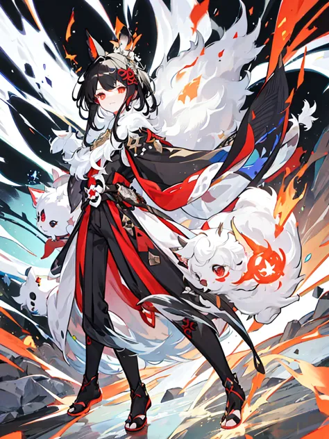 ,ears and tail with black spots,white fur,messy black hair,red eyes, extroverted and arrogant,genshin impact style clothing