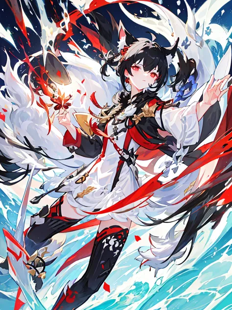 ,ears and tail with black spots,white fur,messy black hair,red eyes, extroverted and arrogant,genshin impact style clothing