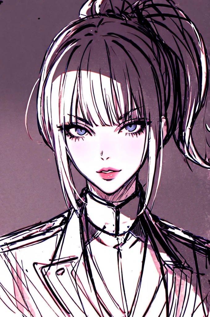 1 girl, villain, big anime cat eyes, bangs, Dull bangs, ponytail hair cut, closed mouth, lips, looking at the viewer, portrait, ponytail hair, sketch, solo, black formal uniform with a turtleneck shirt, portrait， 18 years old 