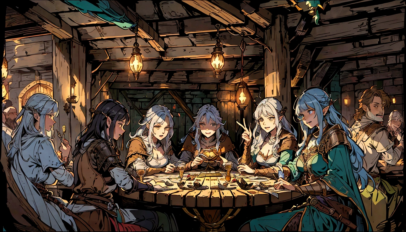 party of adventurers gathering in a tavern with candles and a food, wide shot, many people around drinking. tavern setting, lawther sit at table playing dnd, high quality dnd illustration, roleplaying game art, dnd , fantasy card game art, card game illustration, dnd card art, epic fantasty card game art, a multidimensional cozy tavern, tavern background, epic fantasy card game art