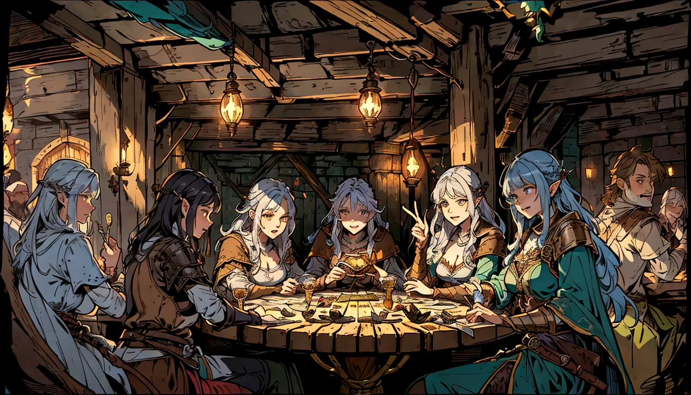 party of adventurers gathering in a tavern with candles and a food, wide shot, many people around drinking. tavern setting, lawt...